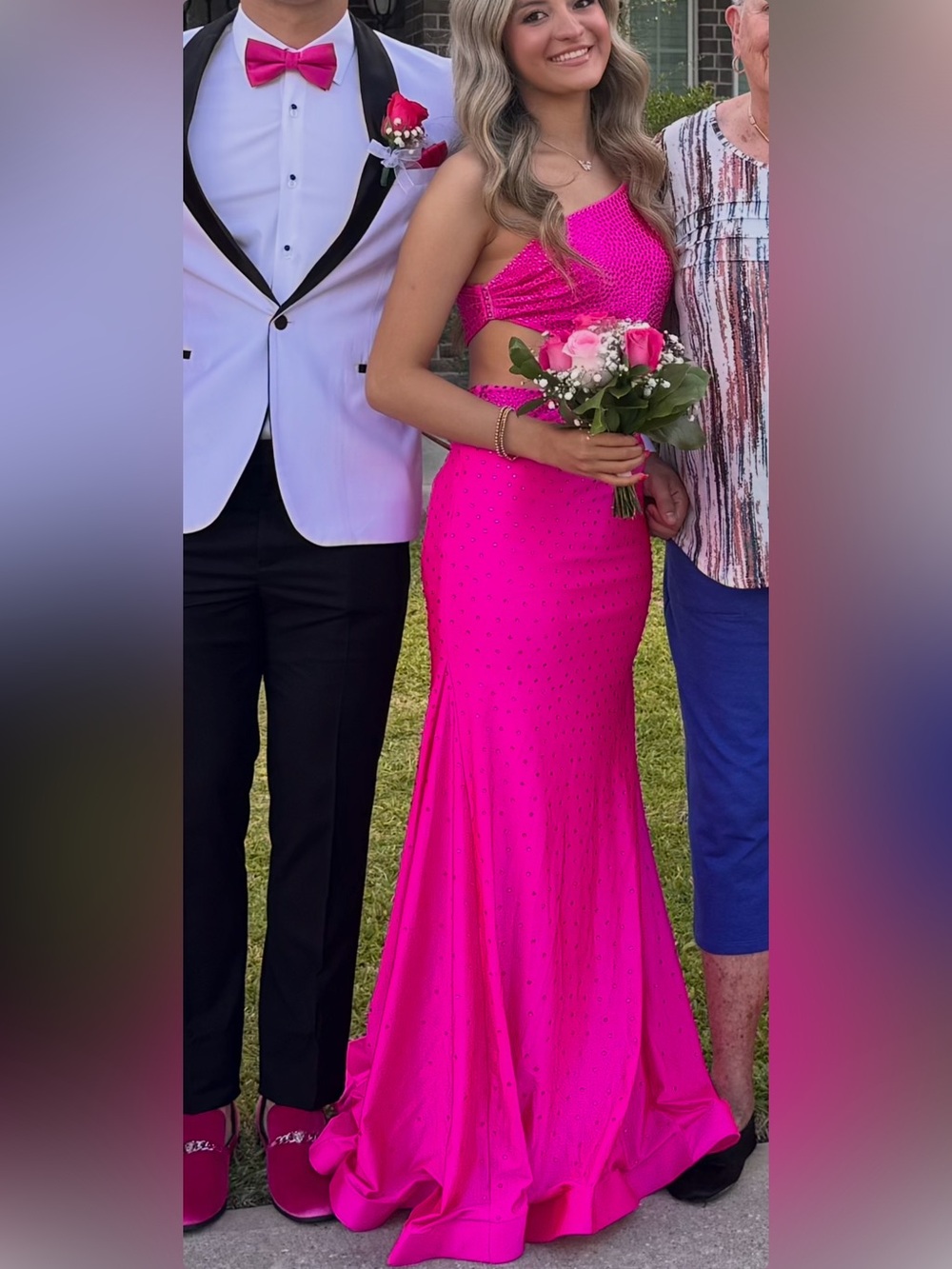 Rachel Allen Hot Pink One-Shoulder Prom Gown